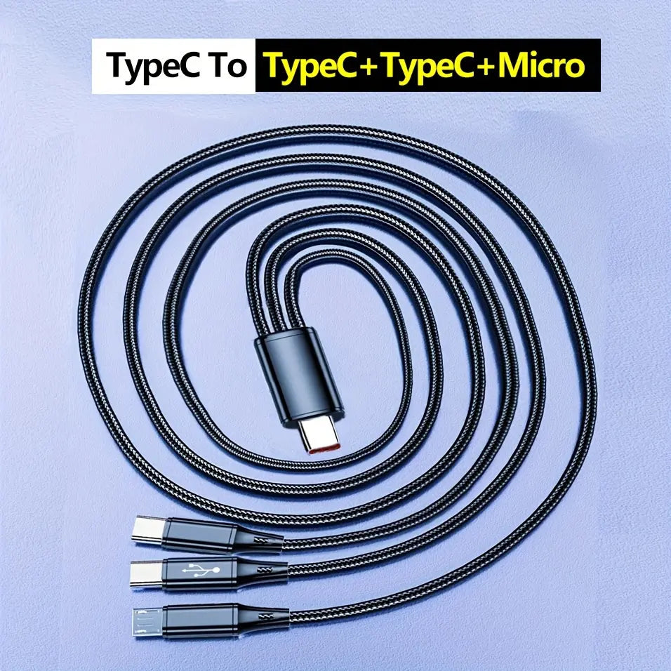 3-In-1 Fast Charging Cable with USB-C & Micro USB Ports, Durable Nylon Braided 47 Inch, 66W High Power Adapter, Data Transfer, Multi-Device Use