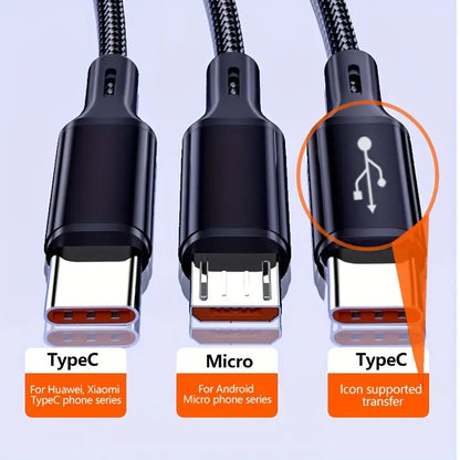 3-In-1 Fast Charging Cable with USB-C & Micro USB Ports, Durable Nylon Braided 47 Inch, 66W High Power Adapter, Data Transfer, Multi-Device Use