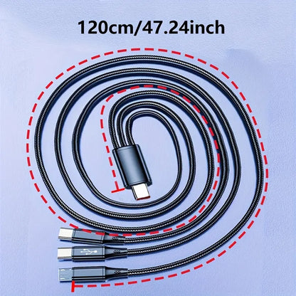 3-In-1 Fast Charging Cable with USB-C & Micro USB Ports, Durable Nylon Braided 47 Inch, 66W High Power Adapter, Data Transfer, Multi-Device Use