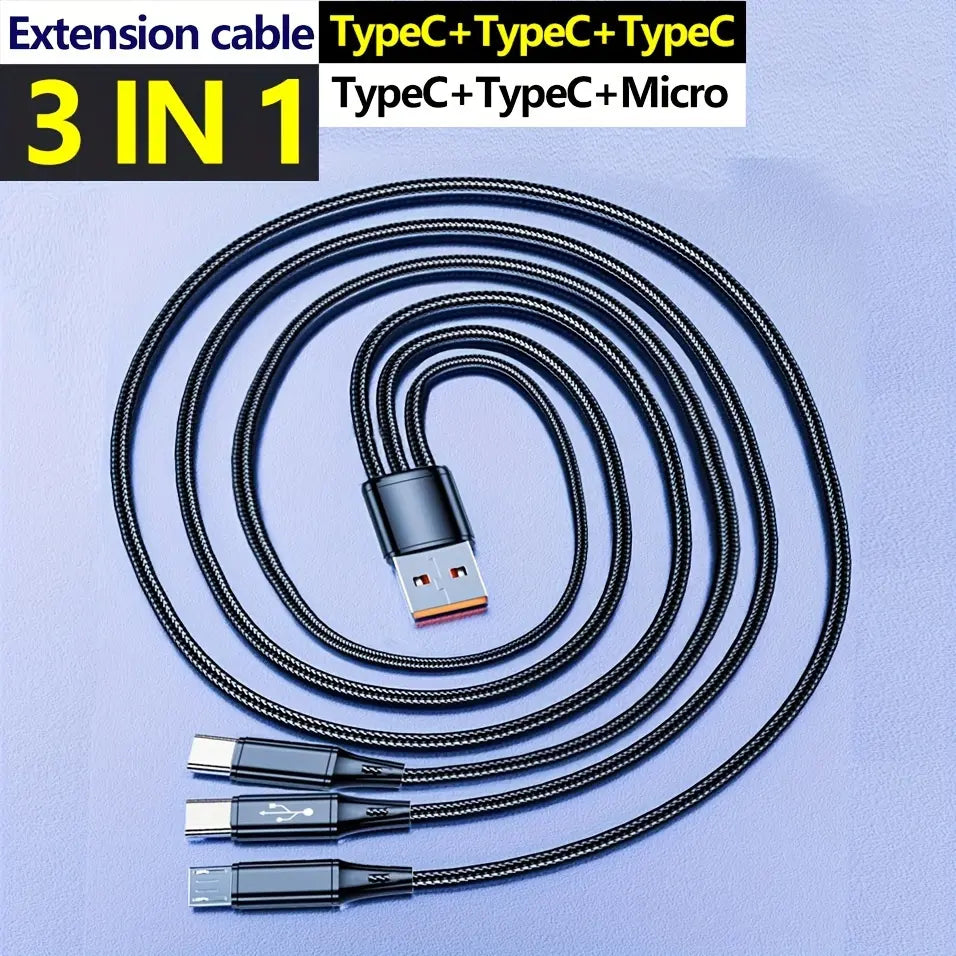 3-In-1 Fast Charging Cable with USB-C & Micro USB Ports, Durable Nylon Braided 47 Inch, 66W High Power Adapter, Data Transfer, Multi-Device Use