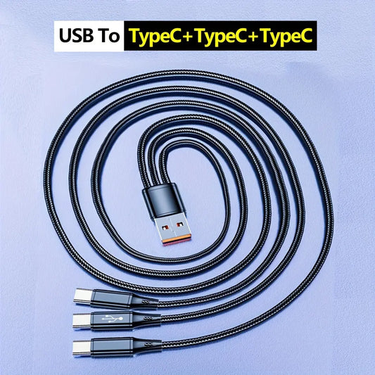 3-In-1 Fast Charging Cable with USB-C & Micro USB Ports, Durable Nylon Braided 47 Inch, 66W High Power Adapter, Data Transfer, Multi-Device Use