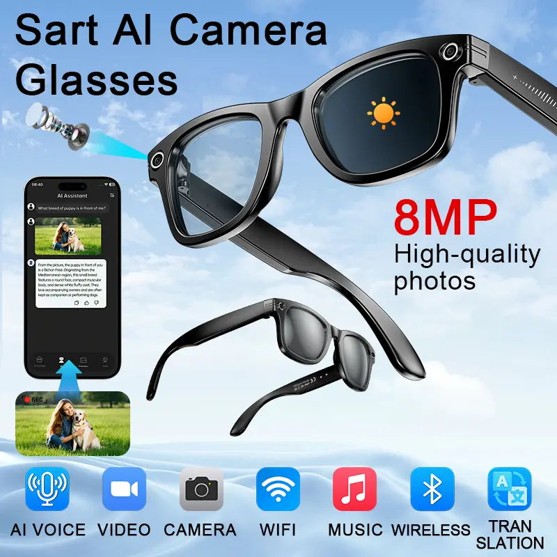 AI Smart Camera Glasses – 8MP HD Photo & Video, Built-In AI Assistant, Hands-Free Recording, Bluetooth Music & Calls, Real-Time Translation, Perfect for Travel & Daily Life Touch